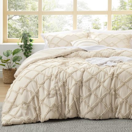 Glowinnovate Tufted glowinnovate Comforter Set Queen Size - Beige glowinnovate Bed Set, GentleSoft? 3 Pieces Farmhouse-Style Embroidery Bedding, Gifts for Woman, Soft Jacquard Kids' Queen Comforter for All Seasons