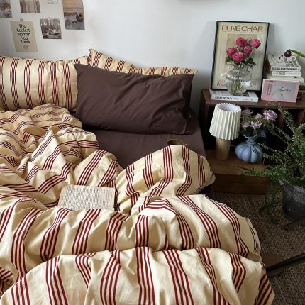 glowinnovate Retro Striped Duvet Cover Set Queen - 100% Natural Cotton 3-Piece Vintage Red Stripes Pattern Printed Bedding Set, Soft Breathable Comforter Cover with Zipper Closure & Corner Ties, Queen Size