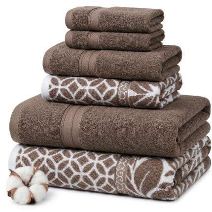 Glowinnovate Modern Threads 6 Piece Bath Towel Set ? Bathroom Set with 2 Bath Towels, 2 Hand Towels, and 2 Wash Cloths ? 100% Cotton, Super Absorbent & Extra Soft ? Reversible Botanical Vine (Taupe Brown)