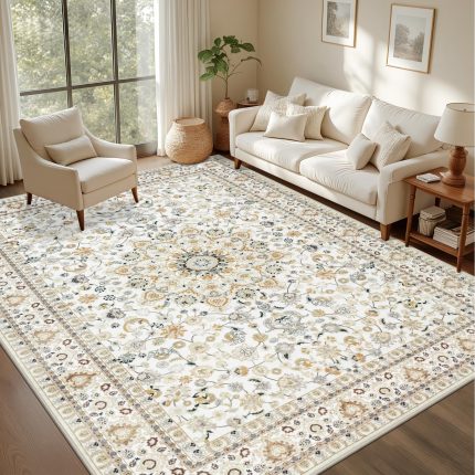 Glowinnovate 5x7 Area Rugs Living Room: Washable Vintage Rug for Bedroom Beige
