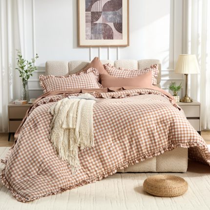 Glowinnovate 7 Pieces Gingham Ruffle Comforter Set Queen Size, Brown Grid Tartan Bedding Set, Soft Breathable Fabric Comforter with Flat Sheet, Fitted Sheet, 2 Pillowcases & 2 Shams, 88"X88"
