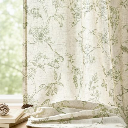 Glowinnovate Green Floral Linen Curtains Farmhouse Rod Pocket 50W X 84L 2 Panels Charlotte Series, Light Filtering, Natural Texture, Vintage, Curtains for Playroom, Bedroom, Dining Room, Back Tab