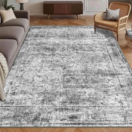 Glowinnovate Washable Area Rug 5' x 7' Vintage Traditional Persian Mat - Foldable Distressed Non-Slip Machine Washable Carpet for Living Room Bedroom Kitchen Home Decor - Graphite and Mist