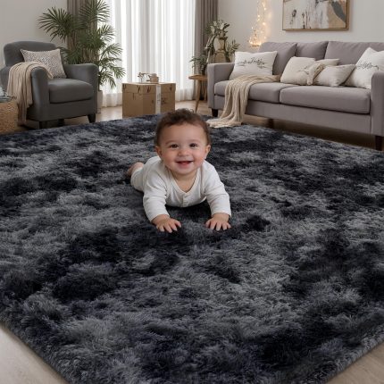 Glowinnovate 8x10 Area Rugs Living Room: Fluffy Bedroom Soft Shag Rug Black Grey
